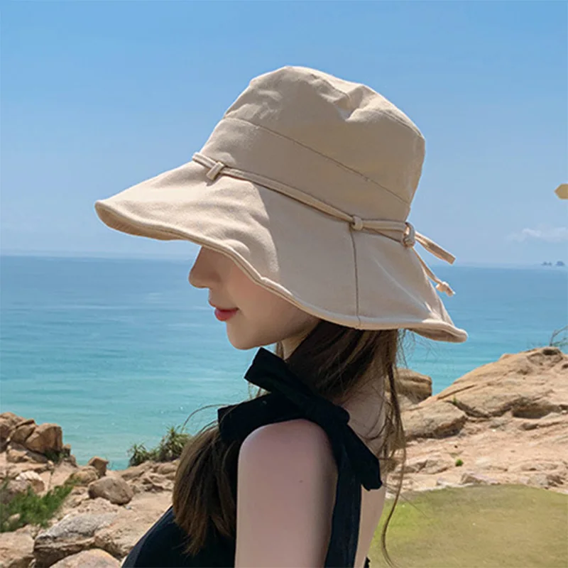 

Bow Lace Up Women Bucket Hat Spring Summer Cotton Panama Cap Visor Foldable Portable Outdoor Beach Fishermen Caps Female