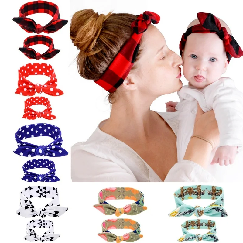 

2Pcs/Set Mom & Baby Headbands Baby Turban Rabbit Ears Hair Band Accessories Cute Floral Printed Parent-Child family Headwear