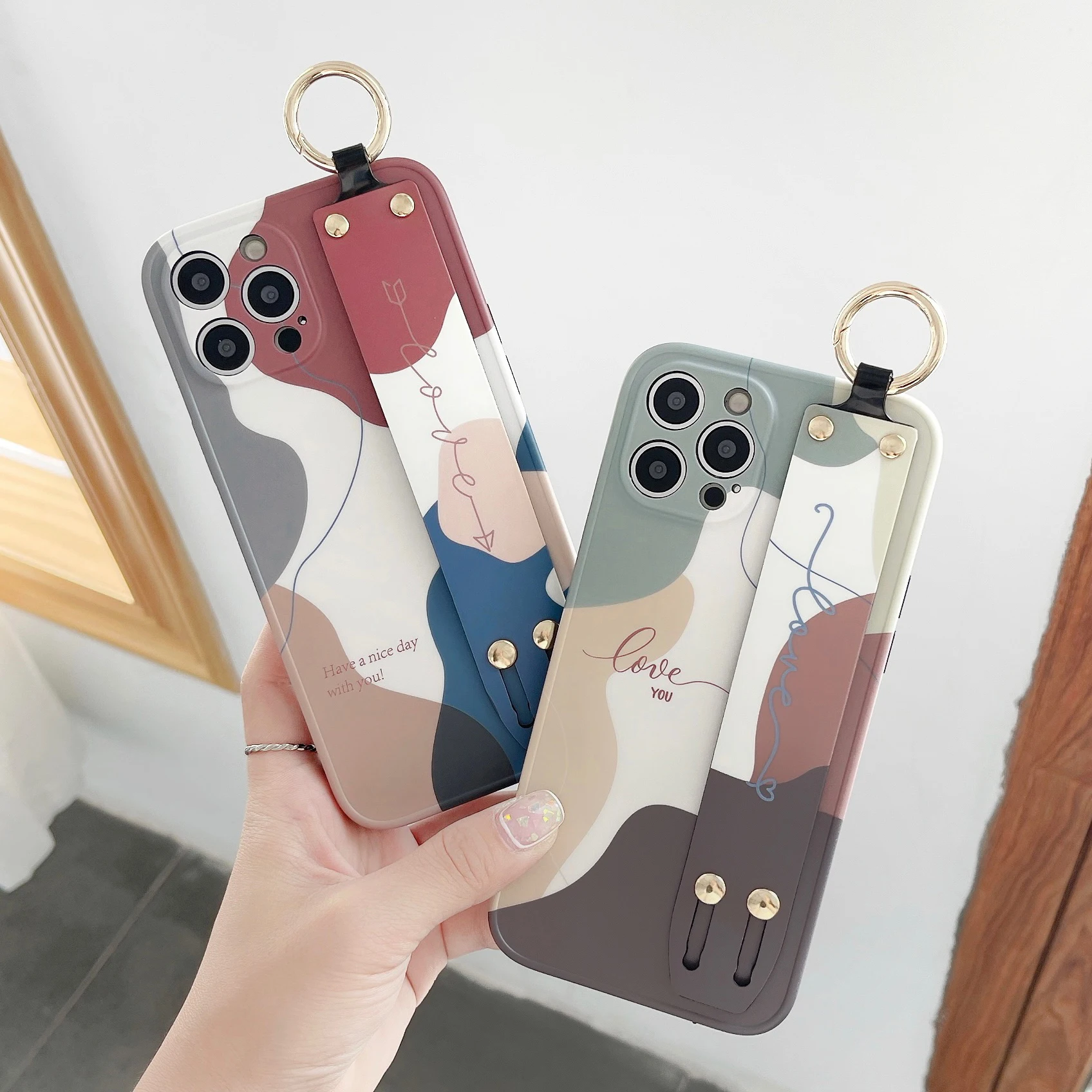 

Art Retro Abstract Wrist Strap Phone Case For iPhone 13 12 11 Pro Max XR XS Max 7 8 Plus X SE Soft TPU Shockproof Holder Cover