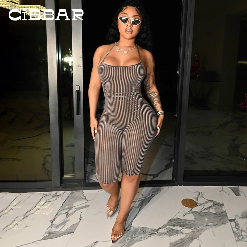 

CIBBAR облегающий бандажный комбинезон с открытой спиной и лямкой на шее, женские велюровые полосатые Повседневные базовые сексуальные костю...