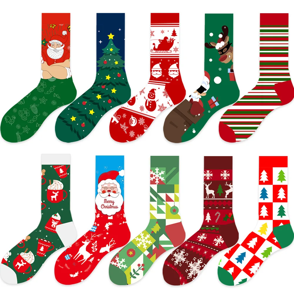 10 Pairs Unisex Cotton Santa Claus Elk Christmas Tree Socks Middle Tube Warm Autumn Winter Cute Snow Merry Christmas Socks