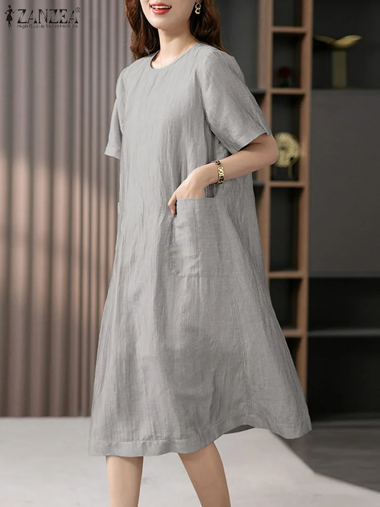

Женское Хлопковое платье ZANZEA, летнее женское платье с круглым вырезом, праздничное платье, винтажный кафтан, Повседневные Платья Миди