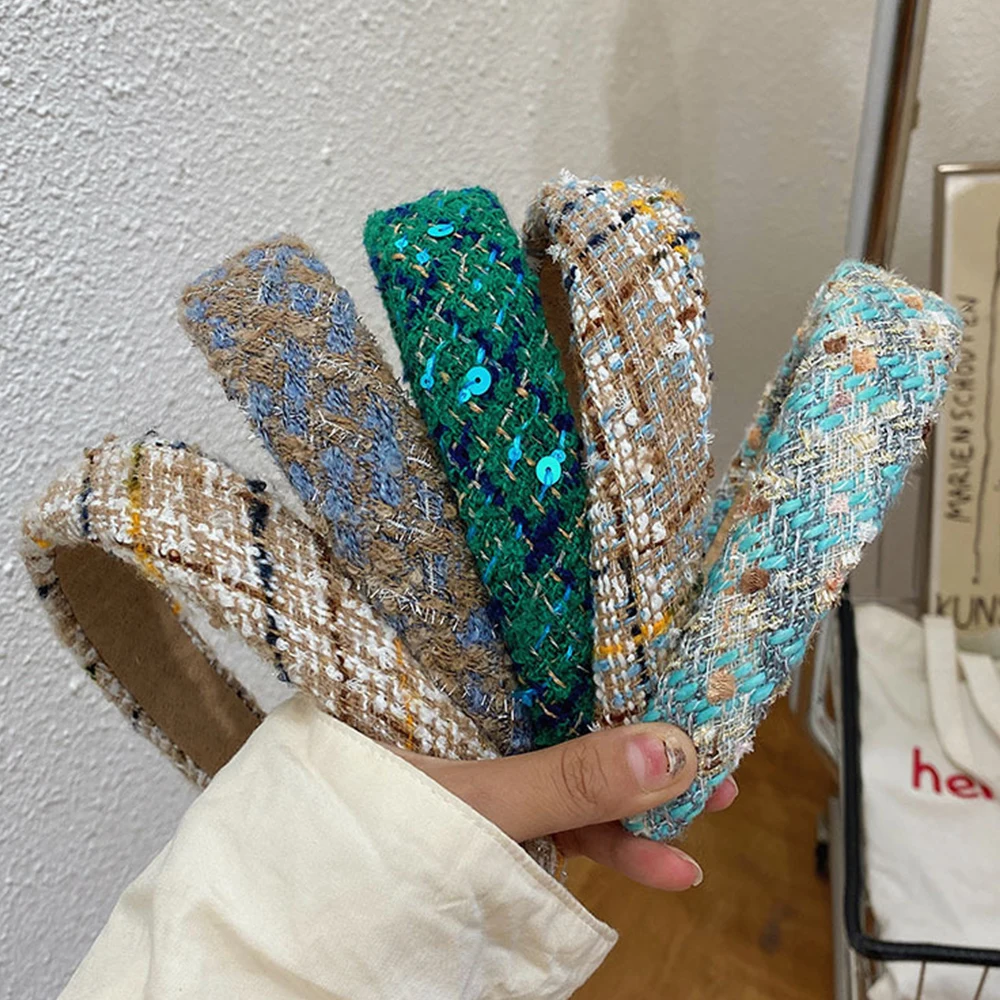 

Vintage Sweet Hair Band Women Elegant Tweed Weave Colorful Hair Hoop Handmade Headbands Designer Haarband Hair Accessories Women