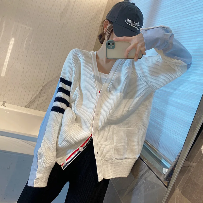 

High Quality Korean Style Autumn TB Wool-knit Sweater Cardigan Paneled Coat Four-bar Loose Hooded V-neck Couple Wool Top