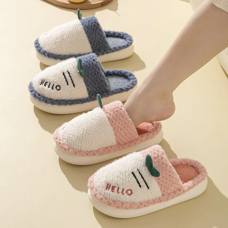 Cotton Slippers Women Winter Home Use Non-slip Thick Sole Plus Velvet Warm Cute Couple Confinement Shoes Christmas Present Gift