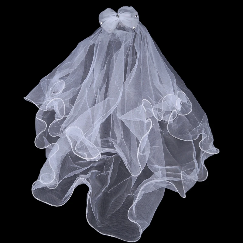 

White First Communion 2 Tier Veil for Girls with Sheer Tulle for rhinestone Bowknot and Comb Wedding Party Hair Accessor