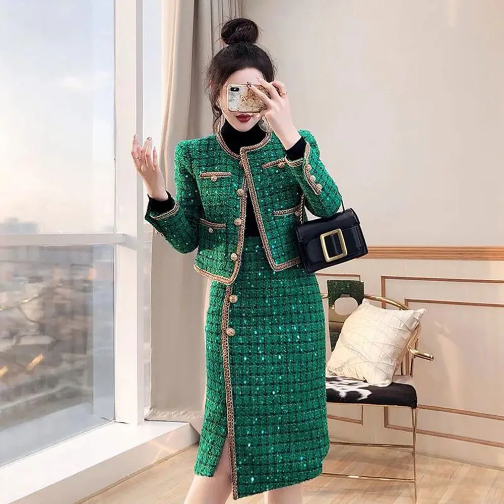 Small Fragrance Wind Skirts Set Elegant 2 Piece Fashion 2022 New Temperament Women's Green Shiny Jacket + Slim Skirt Suit Women