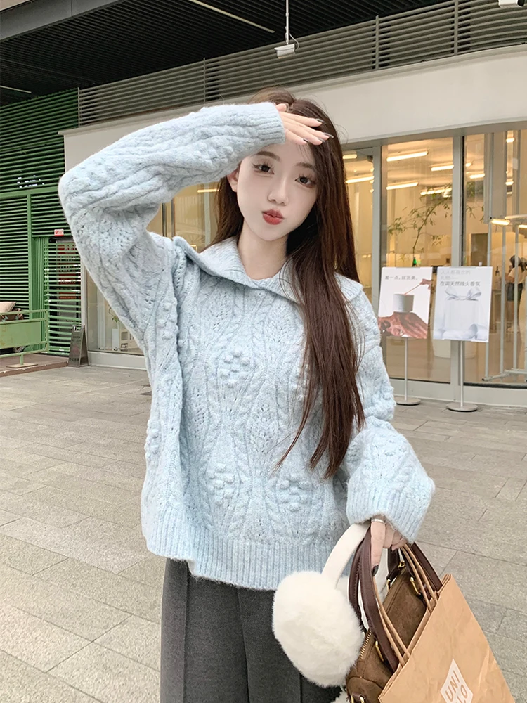 Плюс размер Huax Day Hair Синий кукольный воротник Вязаная женская осенне-зимняя