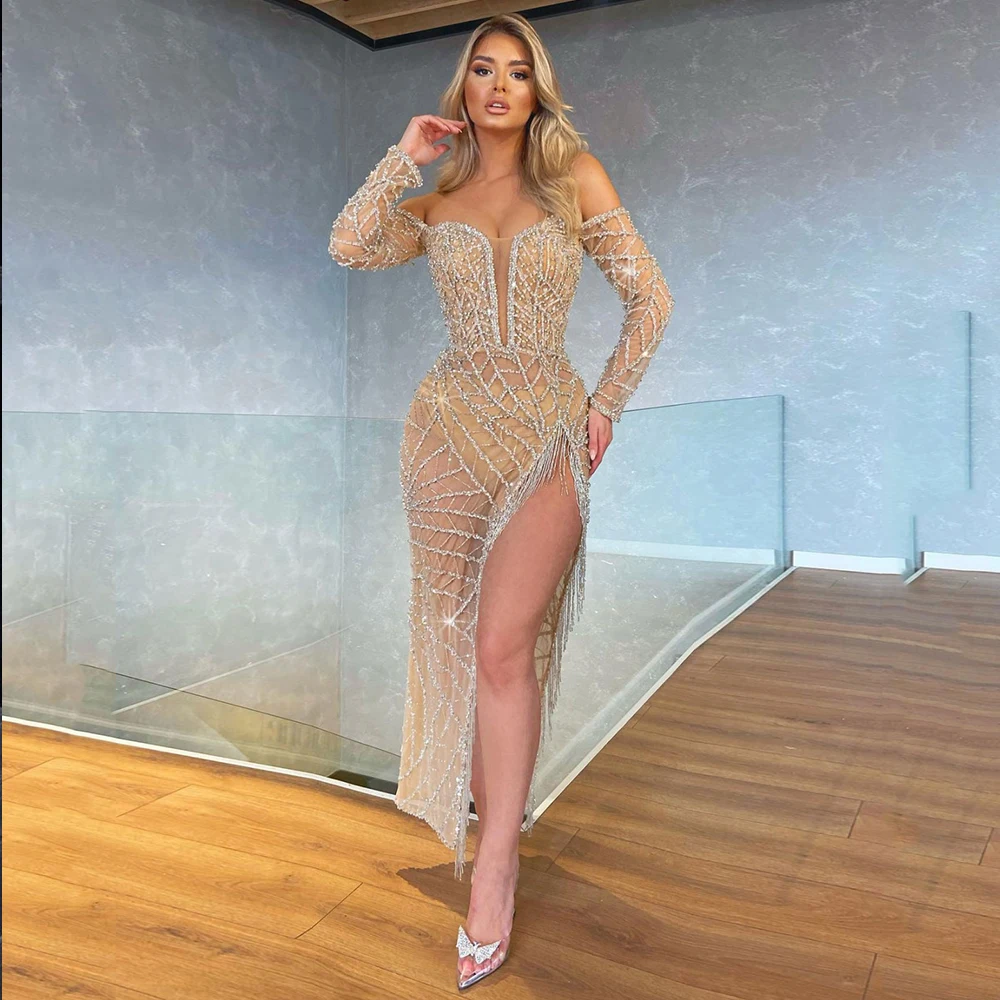 

Exquisite Crystal Evening Dress For Women Full Sleeve Front High Slit Celebrity Party Gowns Ankle Length Mermaid Prom Dress