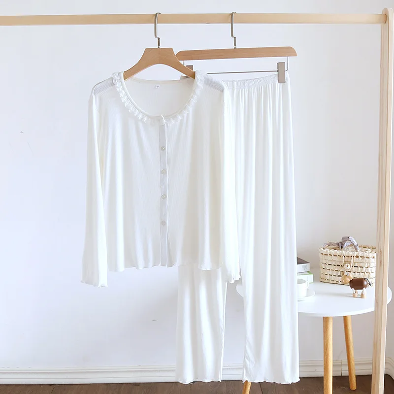 Girl Modal Home Wear Lady Loungewear Crewneck Lace Four Season Thin Fresh Outdoor Great Elasticity Two Piece Set Nightwear Women