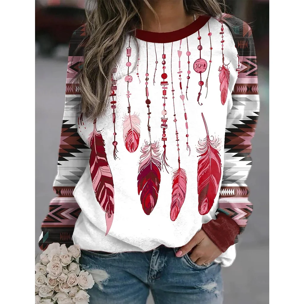 

[New In] Women's Abstract Painting long sleeve tee Graphic Print Round Neck Basic Tops