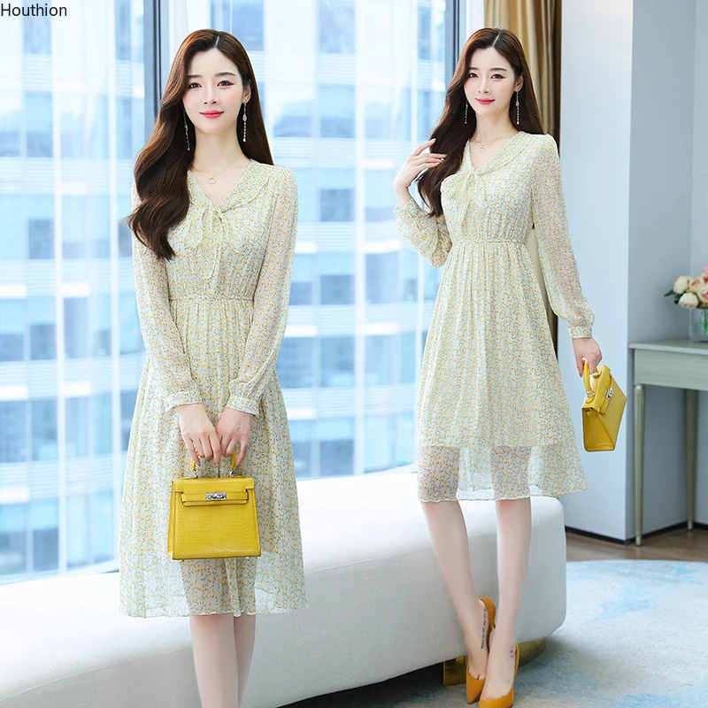 

Женская одежда, новые женские платья с V-образным вырезом, бантом, длинным рукавом, принтом, Корейская версия, шифоновая модная свободная оде...