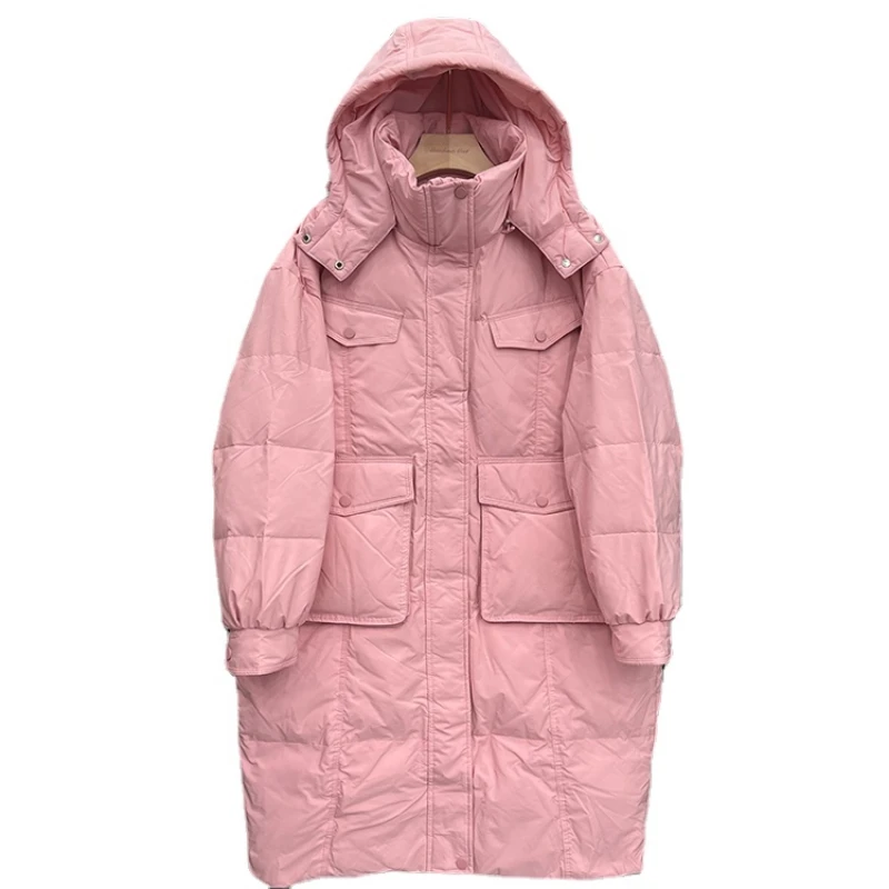 Winter New Down Jacket Women's Hooded Korean  Loose Simple Warm Thickened Long Sleeve White Duck Down Coat Clothes H084