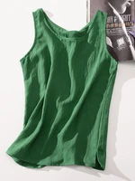 womens blouses cotton and linen sleeveless tops shirt female o neck summer solid green tunic blouse basic women