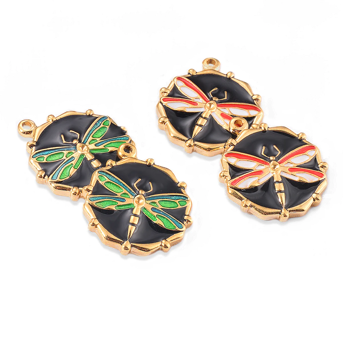 5pcs Stainless Steel Round Dragonfly Dot Diamond Gold Color Pendant Earring Necklace Charms Jewellery Making Supplies Wholesale