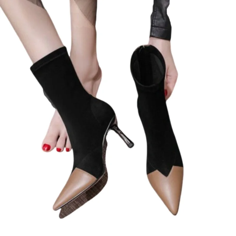 Модные замшевые женские ботильоны с острым носком на высоком каблуке туфли Челси