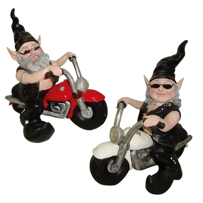 

Dude & Babe" the Biker Gnome in Leather Motorcycle Gear Riding Red and White Hogs Large Outdoor Garden Statue 12"H19 197 19