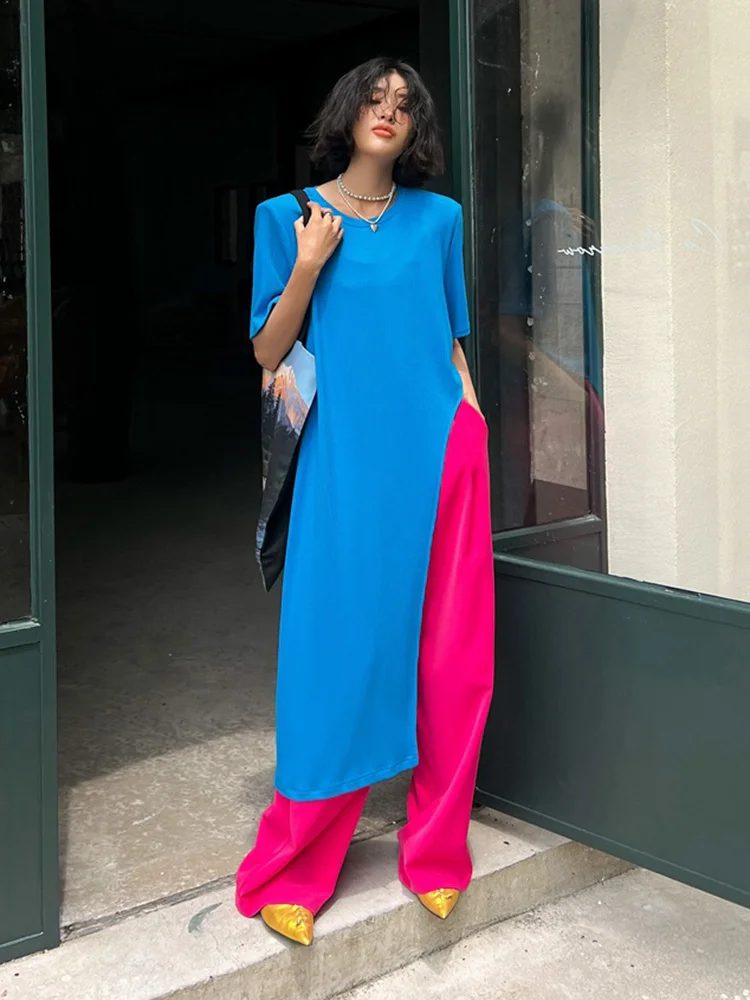 

Women Blue Irreuglar Hem Long Big Size T-shirt New Round Neck Short Sleeve Fashion Tide Spring Summer 2022 M427