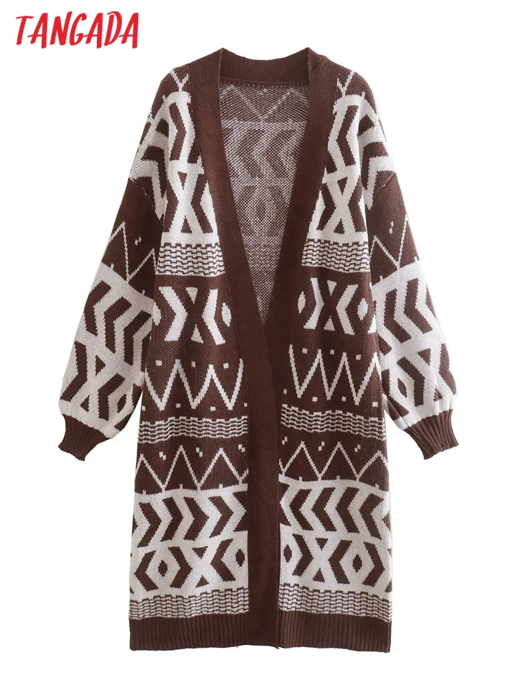 

Tangada Women Thick Warm Jaquard Loose Long Cardigan Vintage Jumper 2022 Female Knitted Cardigan 1F101