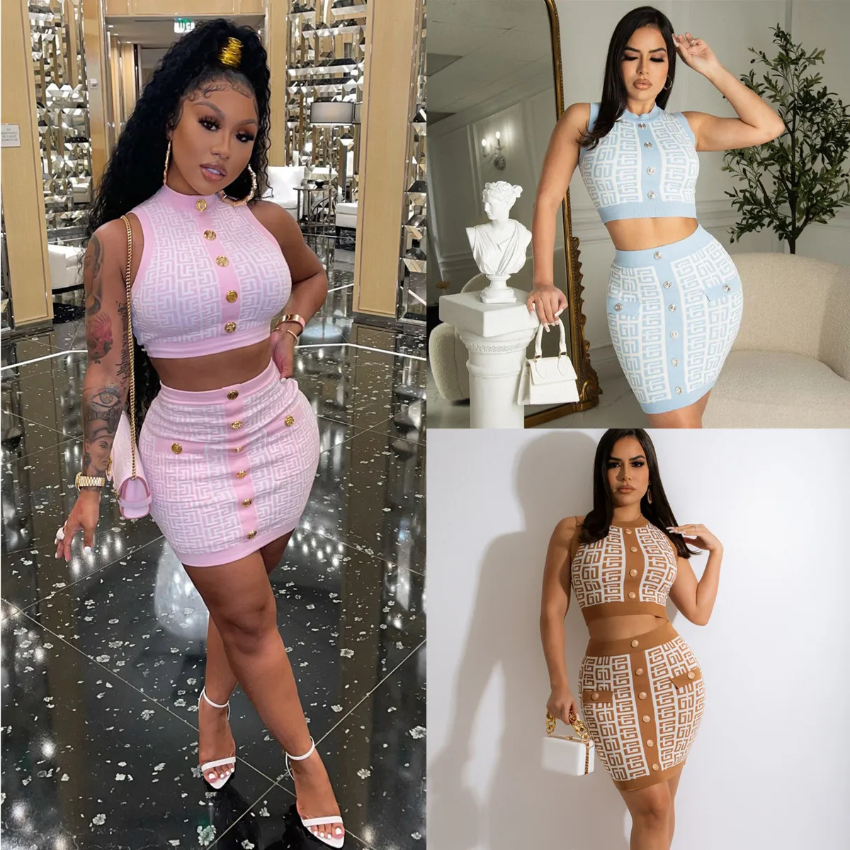 

Spring And Summer Knitting Fashion Sexy Round Neck Sleeveless Plaid Printed Button Buttock Skirt Women's Two-piece Suit