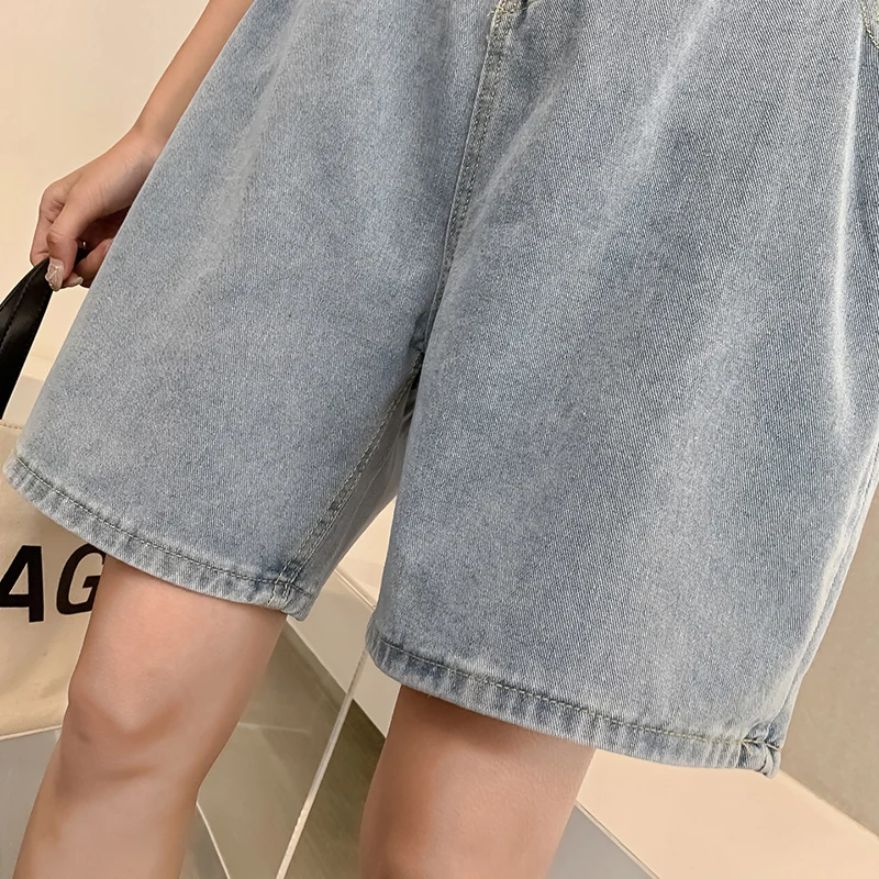 New Woman Wide Legs High Waist Blue Knee-lenght Denim Shorts Casual Female Loose Fit Jeans Vintage Ladies Bermuda Shorts