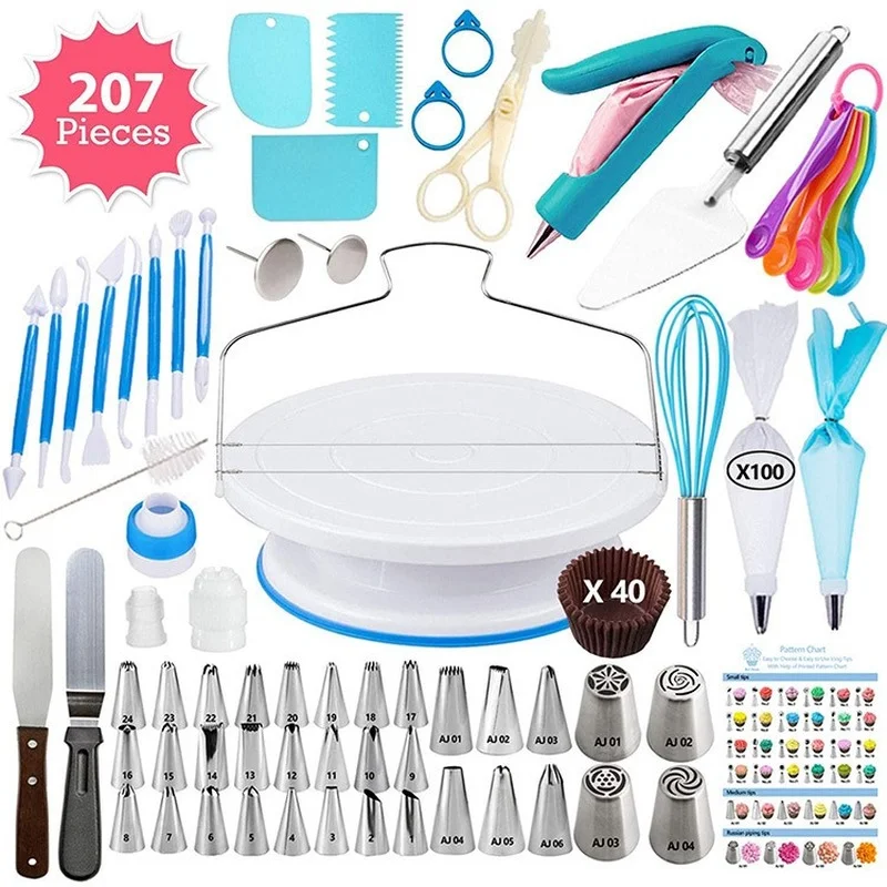

207 pcs/set Cake Decorating Nozzle Cake Kit Icing Piping Tips Cream Turntable Pastry Bag Reusable Baking Tools