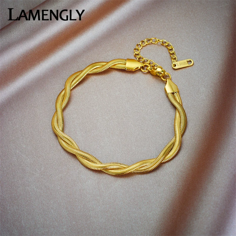 LAMENGLY 316L нержавеющая сталь золотой серебряный цвет двойная змея цепи браслет для женщин девушек новый тренд Браслет