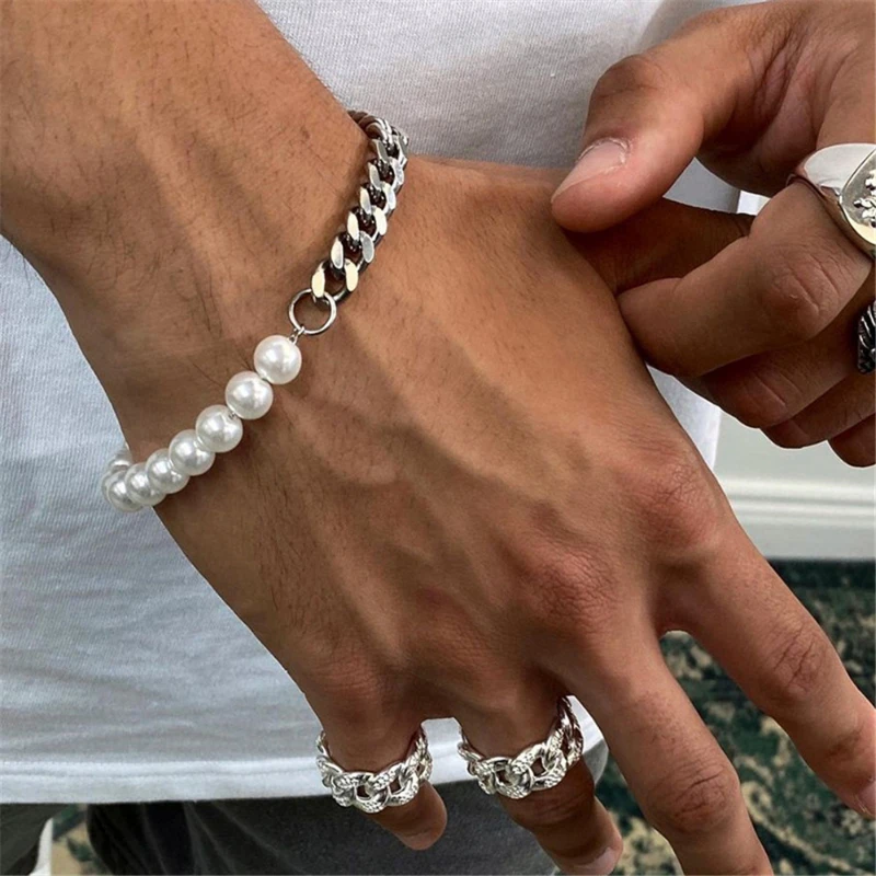 

Titanium Steel Cuban Chain Imitation Pearl Bracelet Men Hip Hop Simple Couple Bracelet Necklace