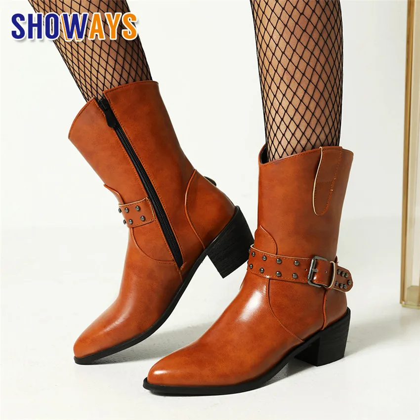 

Vintage Western Ankle Boots Women Brown Black Microfiber High Block Heels Lady Rivet Belt Chain Cowgirl Pointed Toe Short Boots