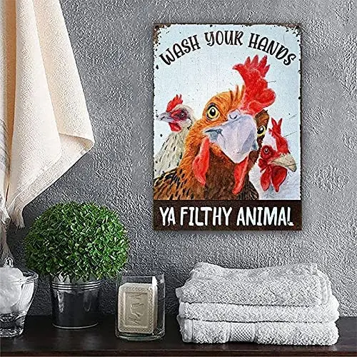 

Универсальные Декоративные знаки с курицей, Вымойте руки, Ya Filthy Animal, металлический знак с курицей, Забавный знак для ванной комнаты, декор дл...