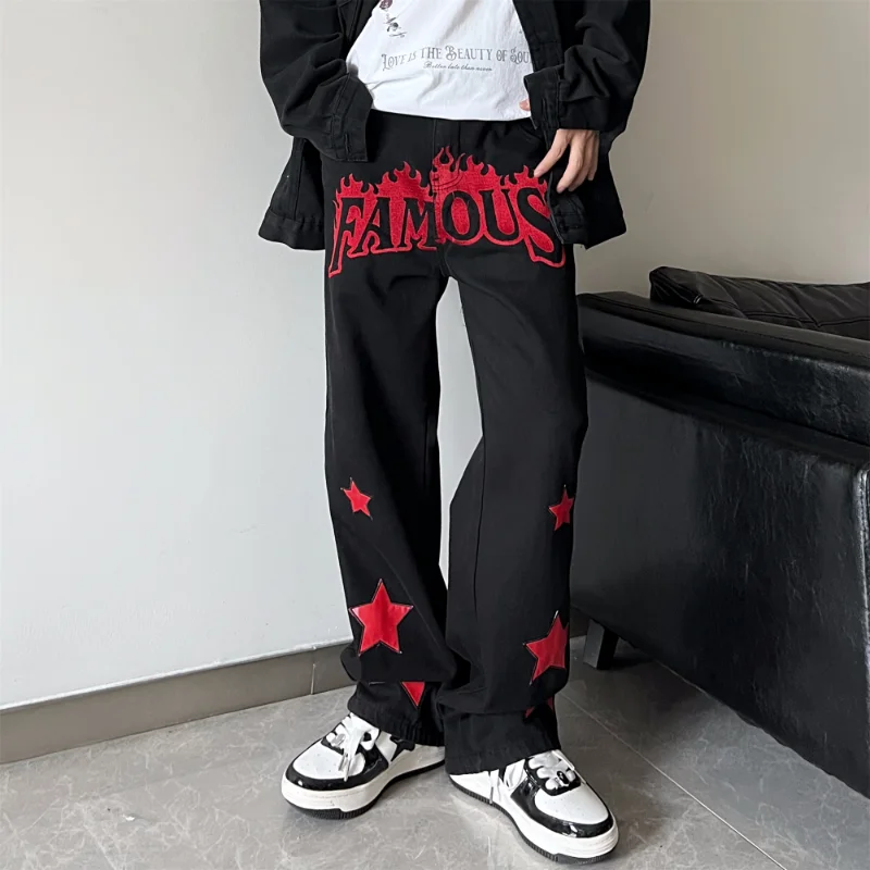 

Fashion American Retro High Street Patch Embroidered Jeans Men's Ins Street Vibe Style Hip Hop Street Style Casual Pants Cotton