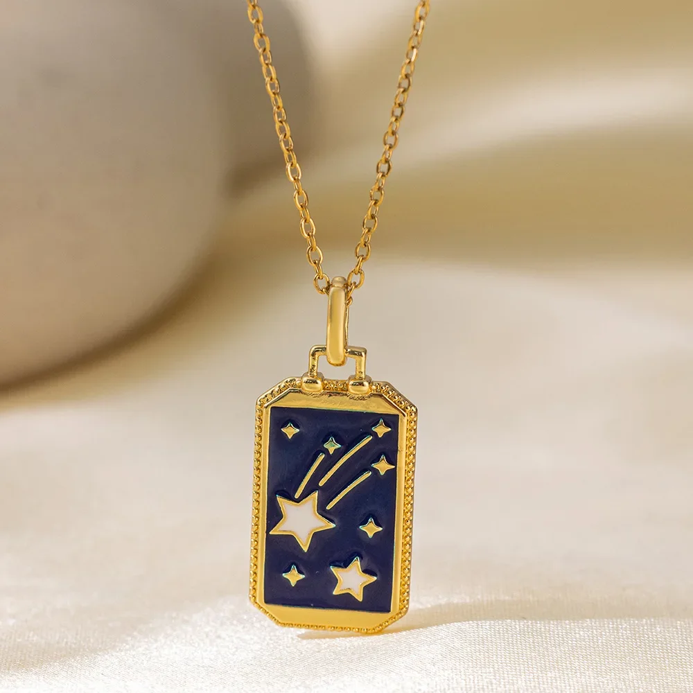 Сглаз Рука Луна Звезды Прямоугольное Ожерелье 18 К Позолоченный Цирконий CZ