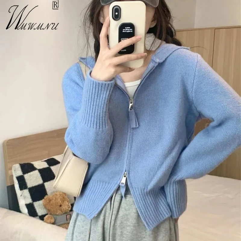 

Korean Short Hooded Knitted Cardigan Design Zipper Women Spring Knitewear Long Sleeved Sweater Coat Casual Slim Sweatshirt Tops