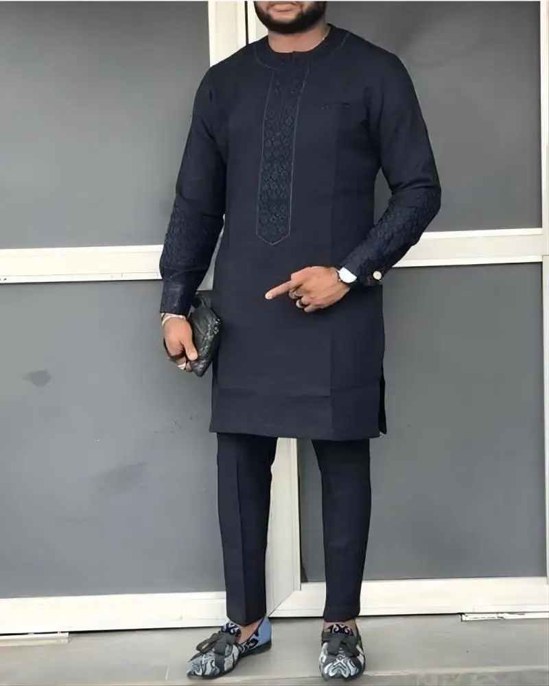 Dashiki Popular African Leisure Young Men's National Style New Black Crewneck Printed Long-Sleeved Shirt And Pants Two-Piece Set