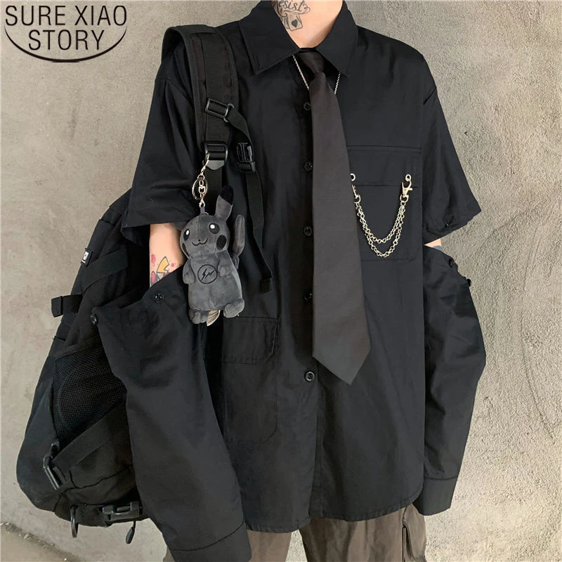 

Модные однотонные черные и серые Топы в стиле Харадзюку, женская рубашка со съемным рукавом, свободная рубашка с карманом для галстука и цеп...