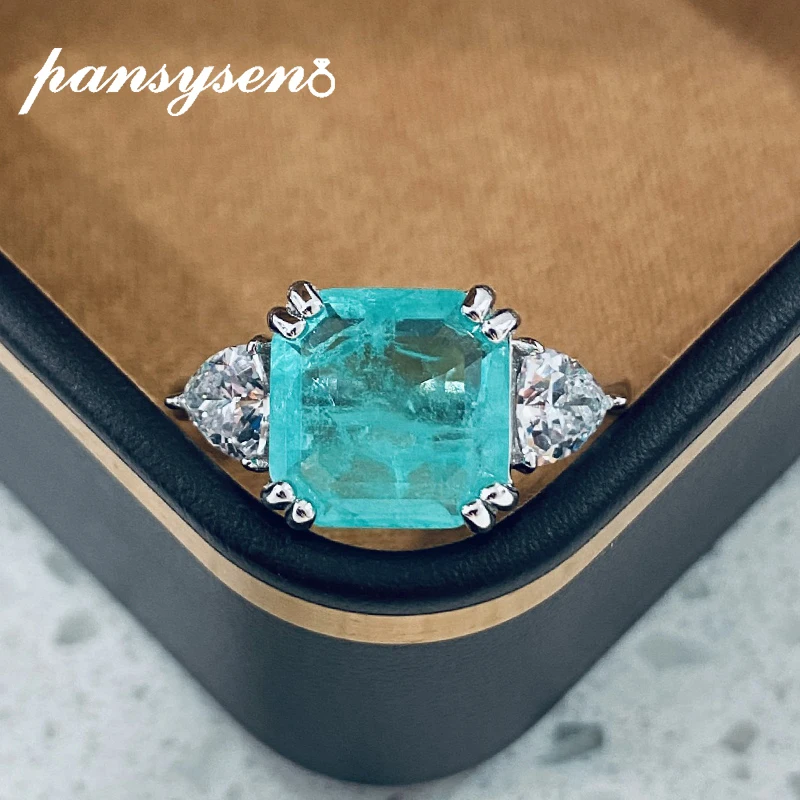

PANSYSEN 100% 925 Sterling Silver 10MM Paraiba Tourmaline Simulated Moissanite Gemstone Rings Female Anniversary Fine Jewelry