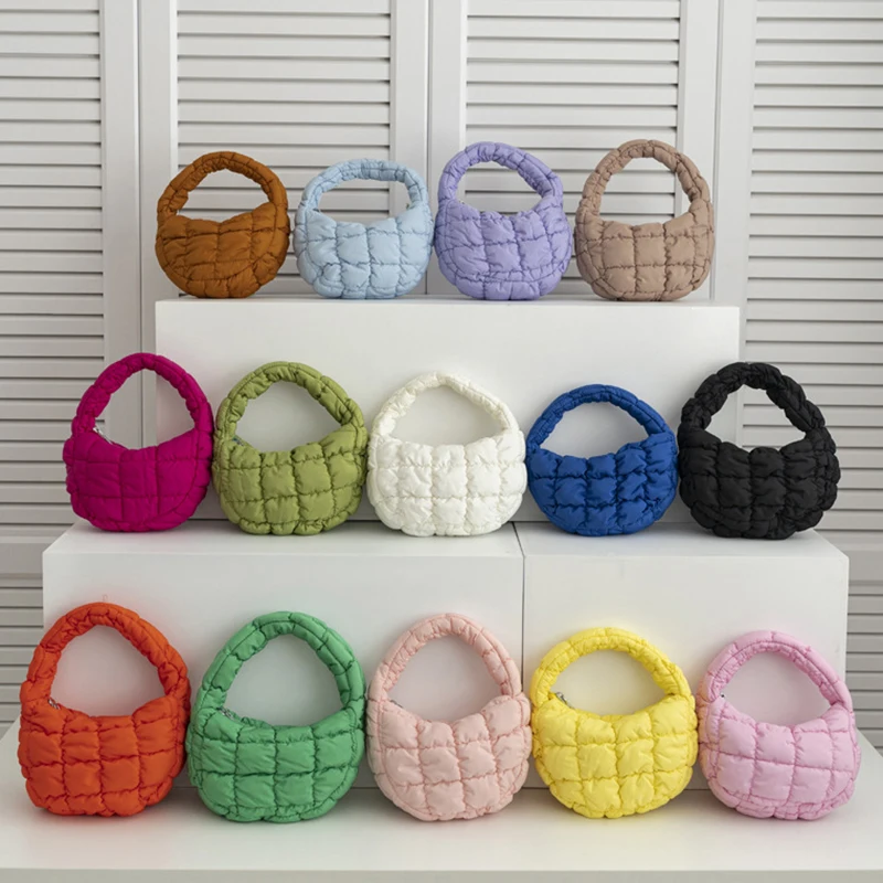 

Fashion Mini Puffer Tote Bag Quilted Circle Phone Purse Elegant Purple Soft Nylon Padded Key Pouch Simple Trend Handbag