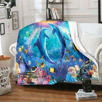 underwater world fish dolphin shark turtle pattern print soft flannel blanket sheet sofa office air conditioner blanket gift