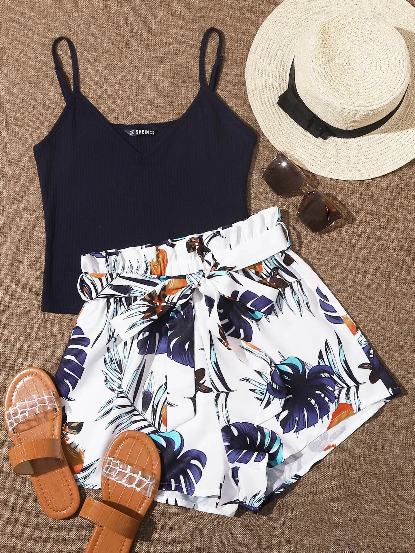 

Rib-knit Top & Belted Tropical Shorts Set