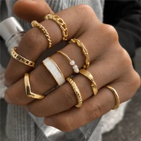 vintage metal geometric joint ring set for womens punk gold chain twisted circle pearl finger ring minimalist jewelry gift