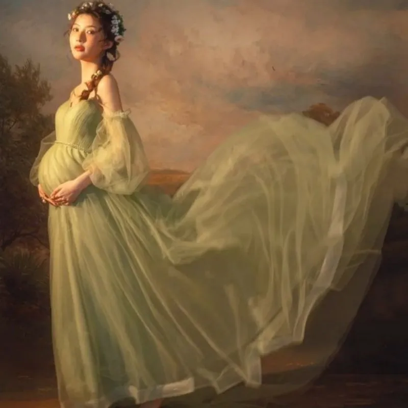 Maternity Photography Dress Baby Shower Party Dress Pregannt Green Tulle Sheath Dress Sweet Tea Party Dress Pregnancy Photoshoot