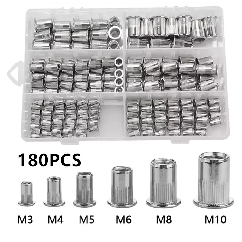

180PCS Stainless Steel Flat Head Rivet Nuts Set M3 M4 M5 M6 M8 M10 Insert Reveting Multi Size Stainless Steel Rivet Nut Set