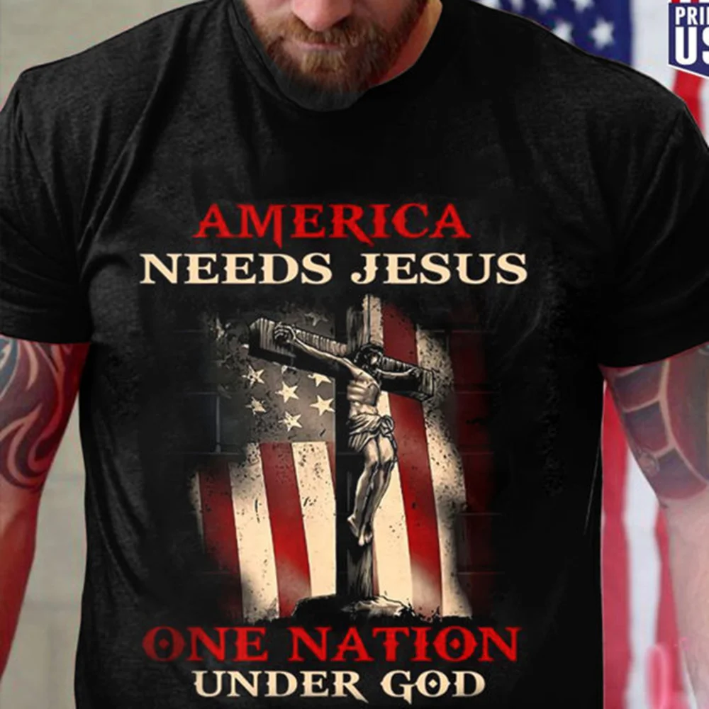 

Модная мужская футболка с круглым вырезом для улицы, для Америки, с принтом Иисуса под Богом, Одна нация, Мужская мотоциклетная Повседневная...