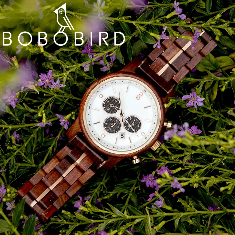 BOBO BIRD Women Watches Top Luxry Brand Engraved Wood Chronograph Watches With Auto Date Multi Functional Quartz Women's Watch