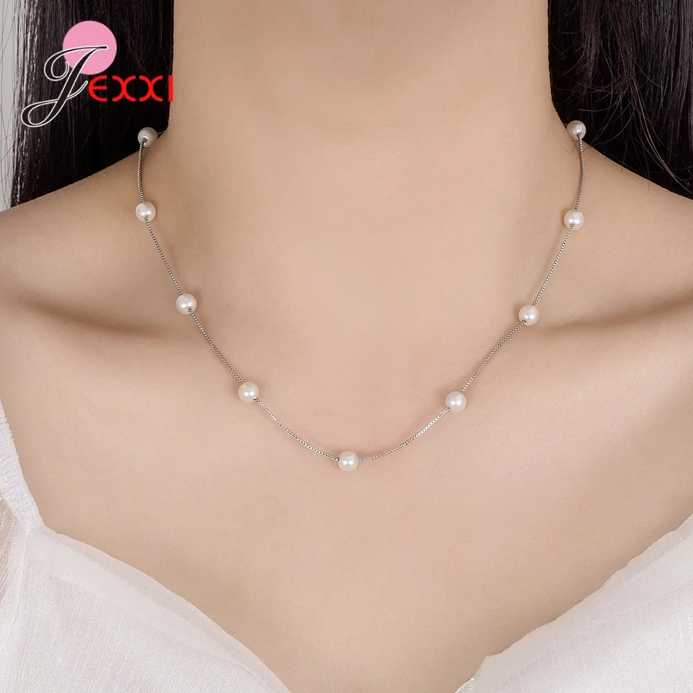 

925 Sterling Silver Jewelry Necklace Ball Round Imitated White Pearl Charming Clavicle Chain Collar for Women Girl Birthday Gift