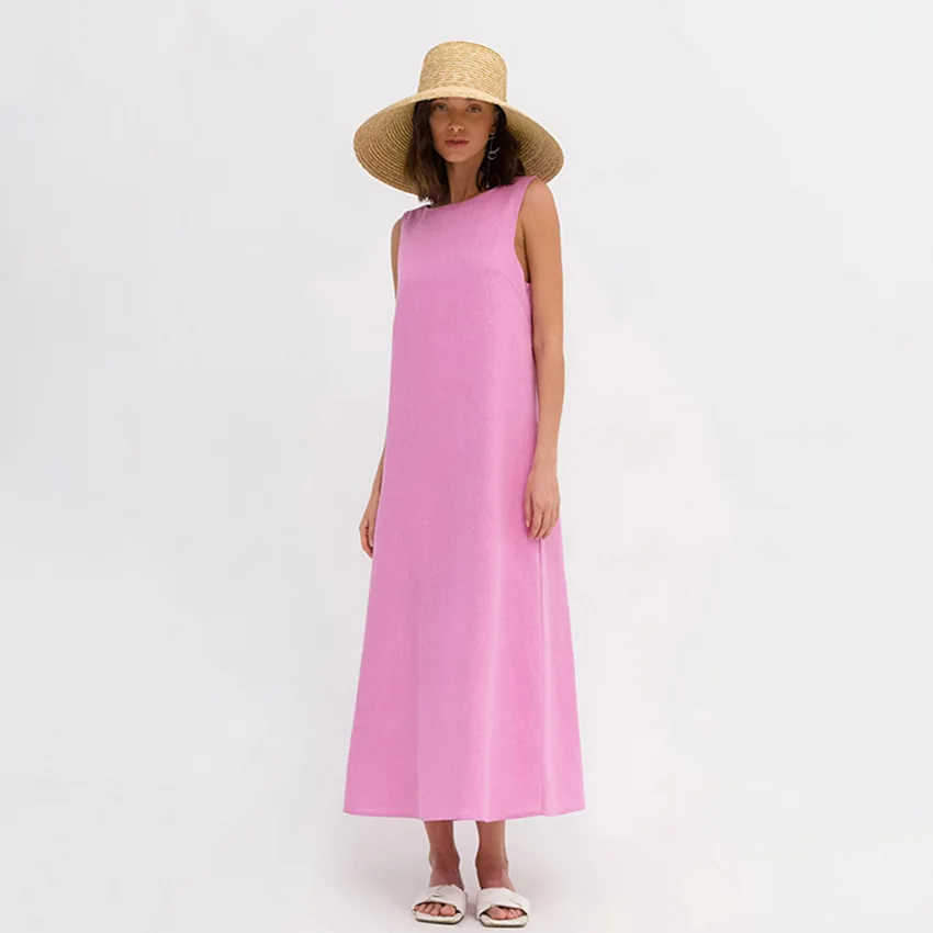 

2023 Skirt French Simple Casual Cotton Hemp Tank Top Dress Women's Summer Mid length A-line Skirt