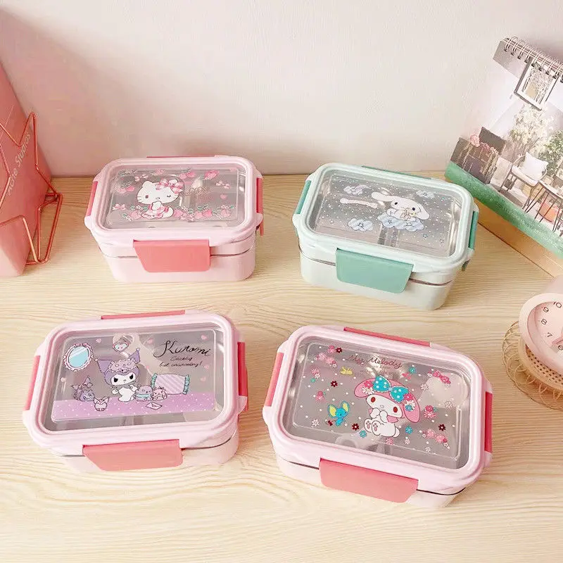 

Kawaii Anime Sanrio Melody Cinnamoroll Kuromi Double Stainless Steel Portable Insulated Lunch Box