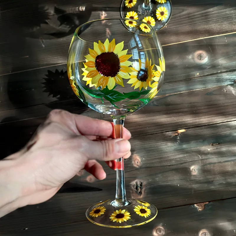 

Crystal Glass Hand-painted Flower Glass Goblet Sunflower Red Wine Cup Small Fresh Vintage Medieval Cup