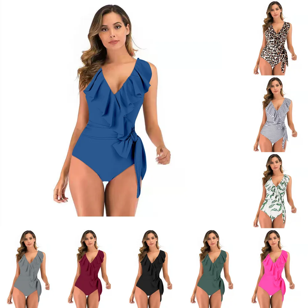 

2022 New Sexy Ruffle Ruffle Off Shoulder One Piece Swimsuit Ladies Deep V Neck Beachwear Monokini Solid Color Push Up Swimsuit