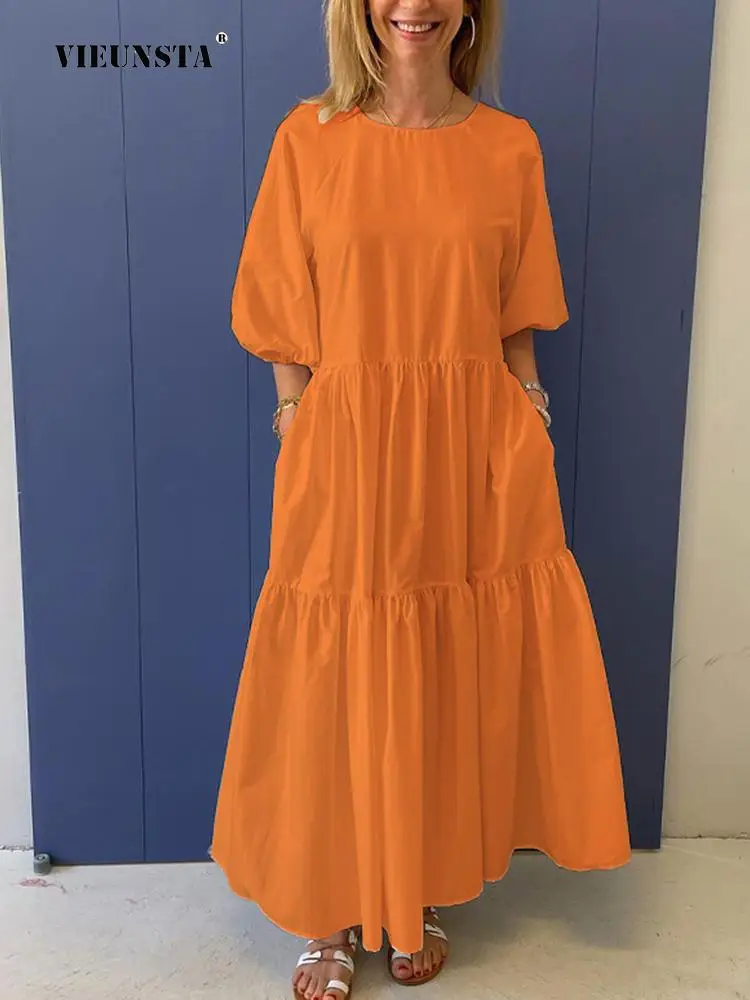 

Женское однотонное платье с карманами, элегантное Плиссированное праздничное платье с круглым вырезом, новое повседневное свободное плать...